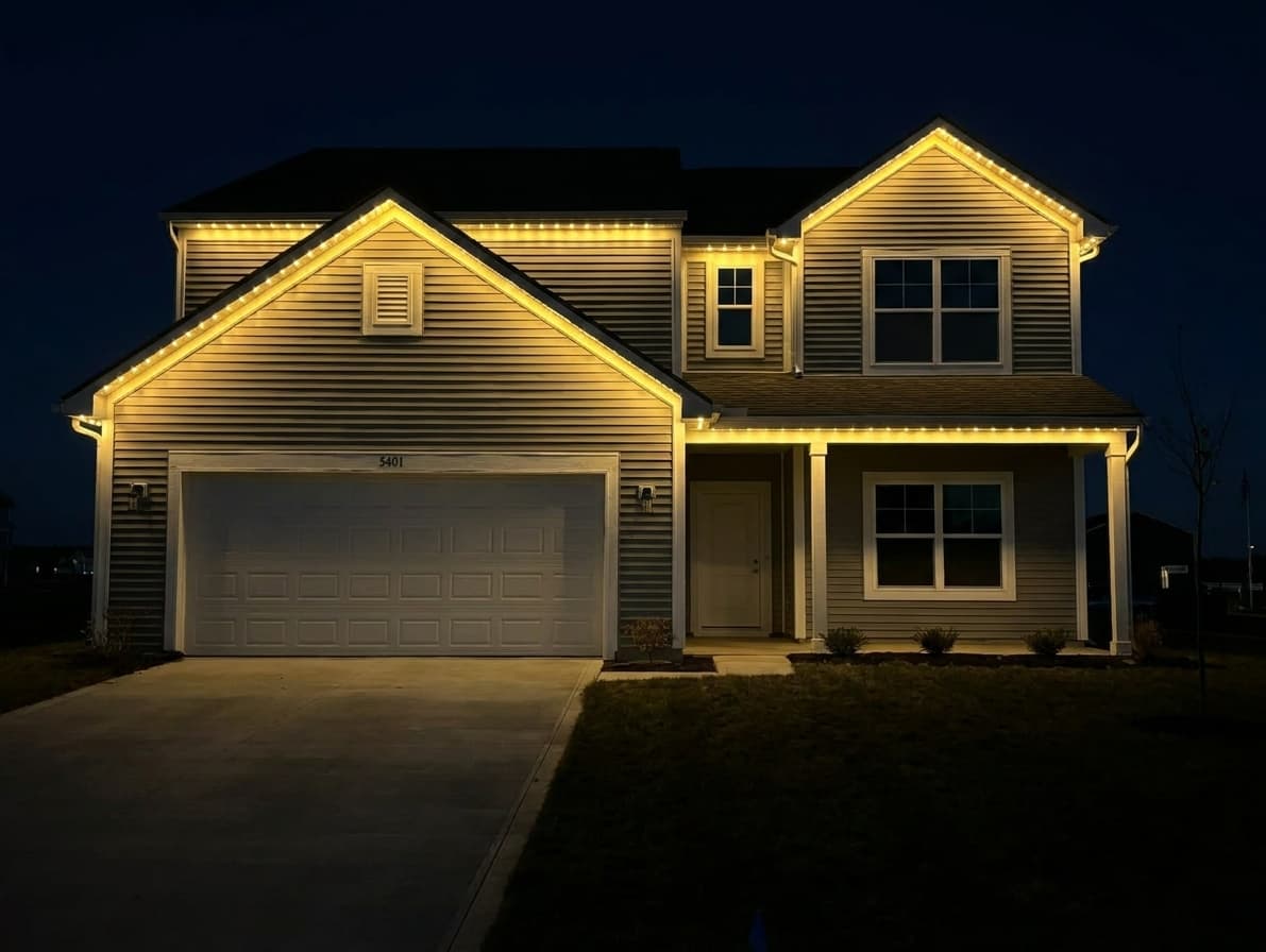 Same Columbus home at night with warm white permanent Christmas lights installed